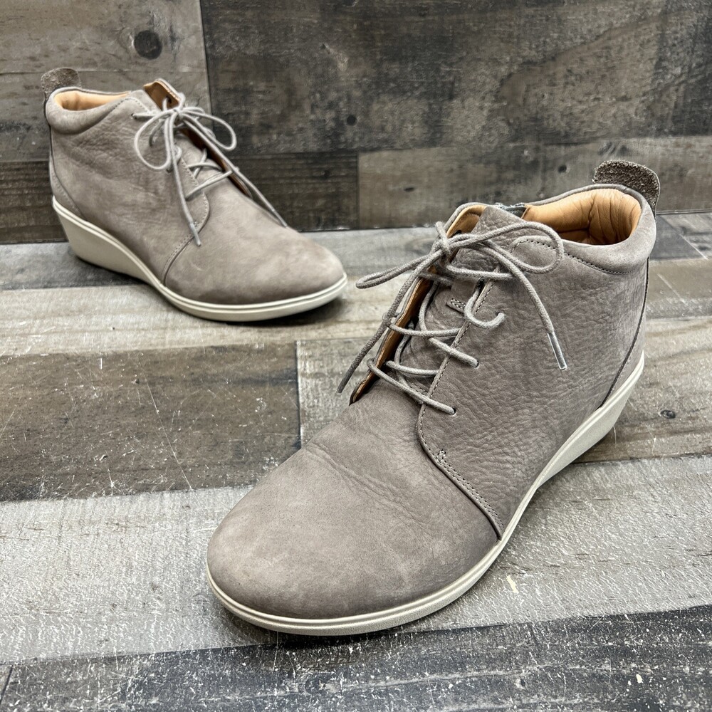 Clarks Unstructured Womens Gray Leather Lace Up Wedge Ankle Booties Size 8 M